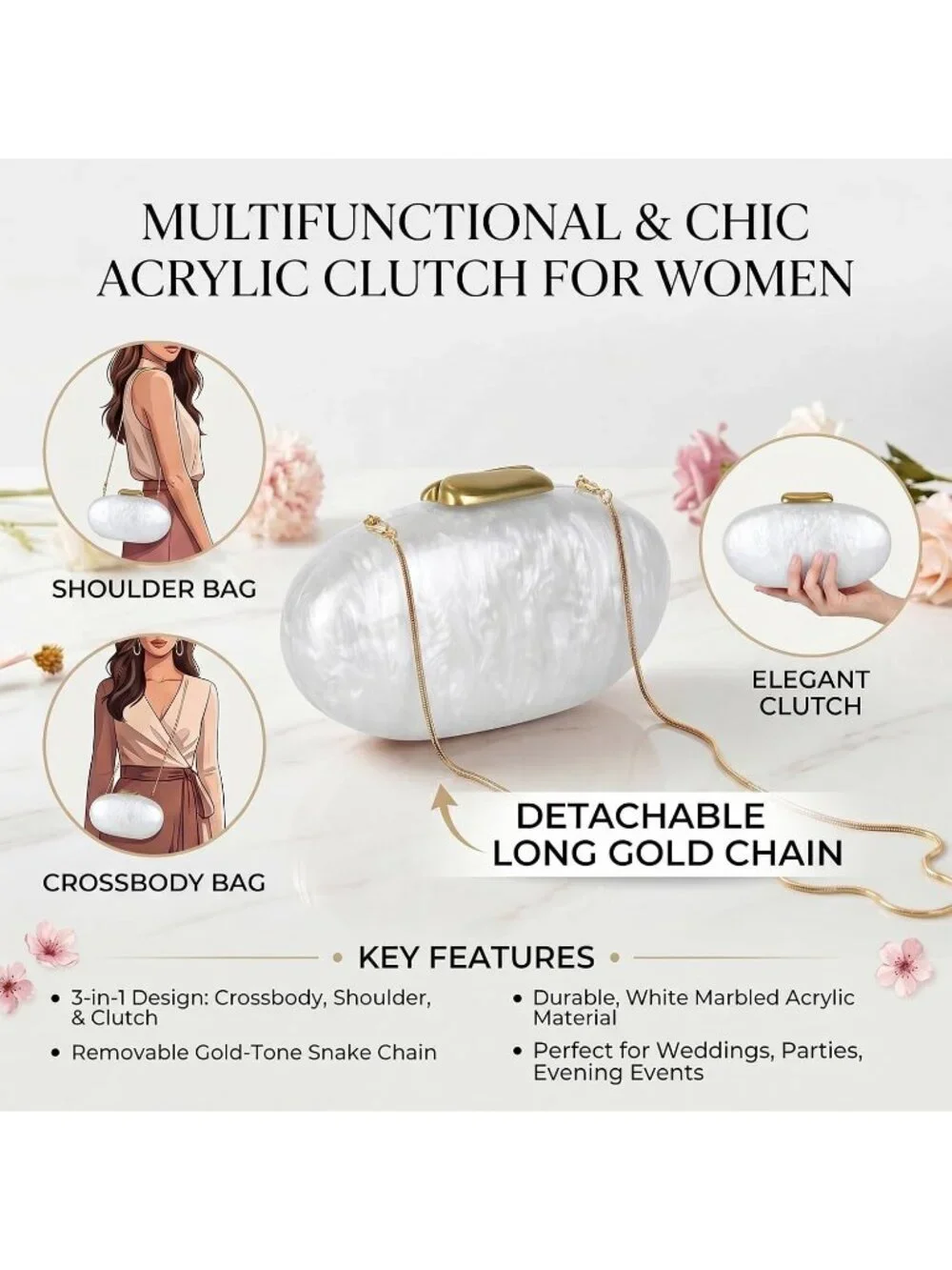 Women's White Acrylic Shell Clutch Purse Oval Seashell Wedding Evening Bag